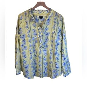 Talbots Floral Yellow and Blue Print Cotton Popover Blouse Top Size XL Petite